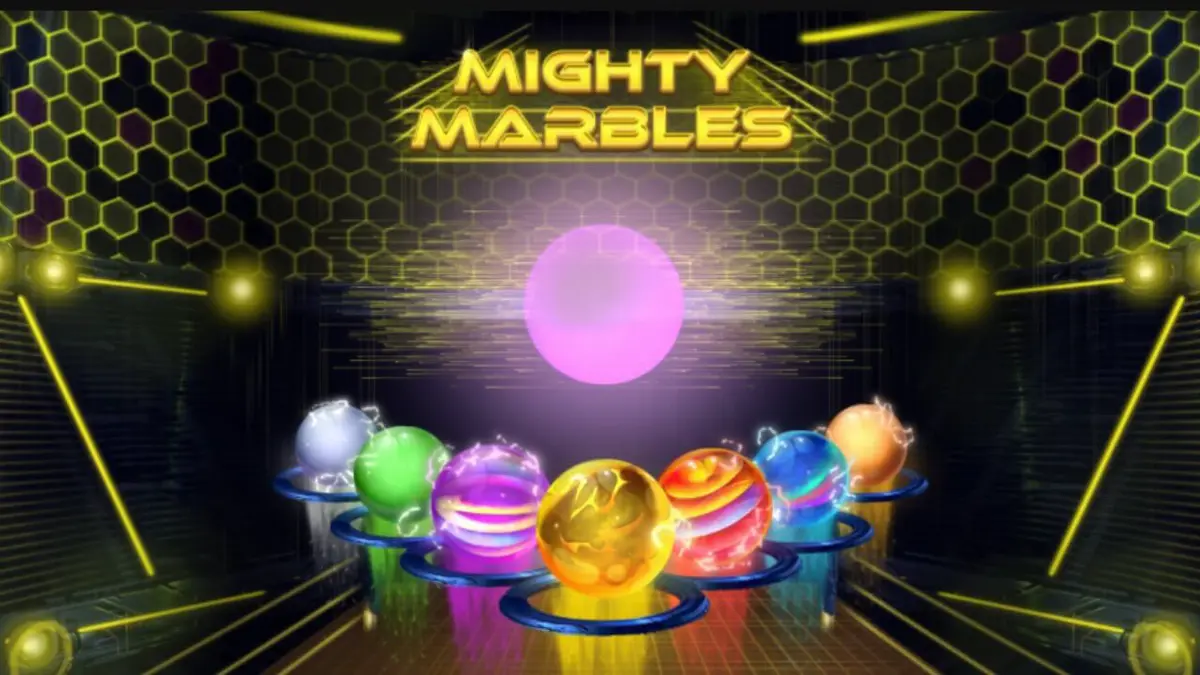 Visual neon kosmik yang menampilkan grid 7x7 dari slot Mighty Marbles dengan kelereng bercahaya.