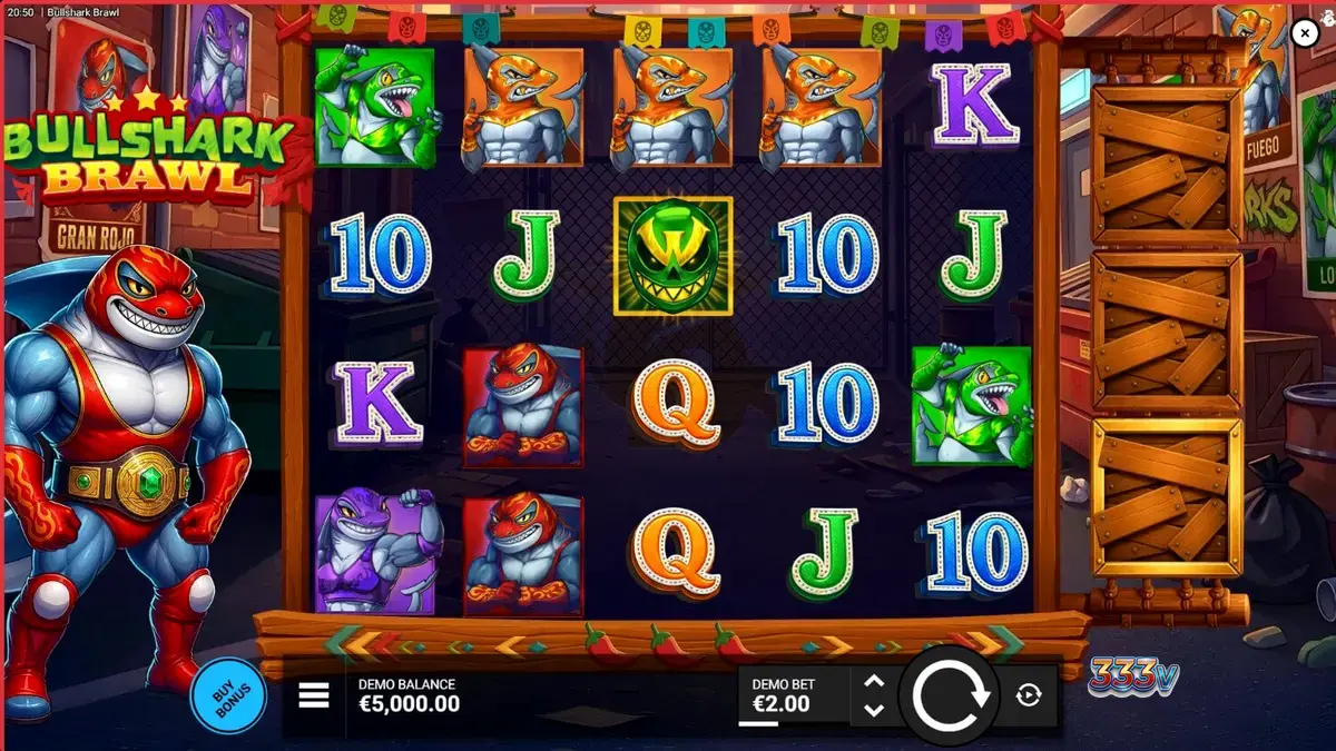 Tampilan visual slot Bullshark Brawl dengan tema luchador hiu di dalam arena gulat bawah air.
