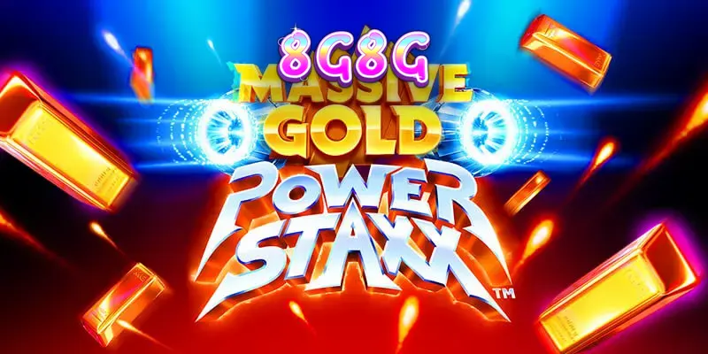 Tampilan layar permainan slot Massive Gold Power Staxx dengan grafis futuristik dan simbol emas.